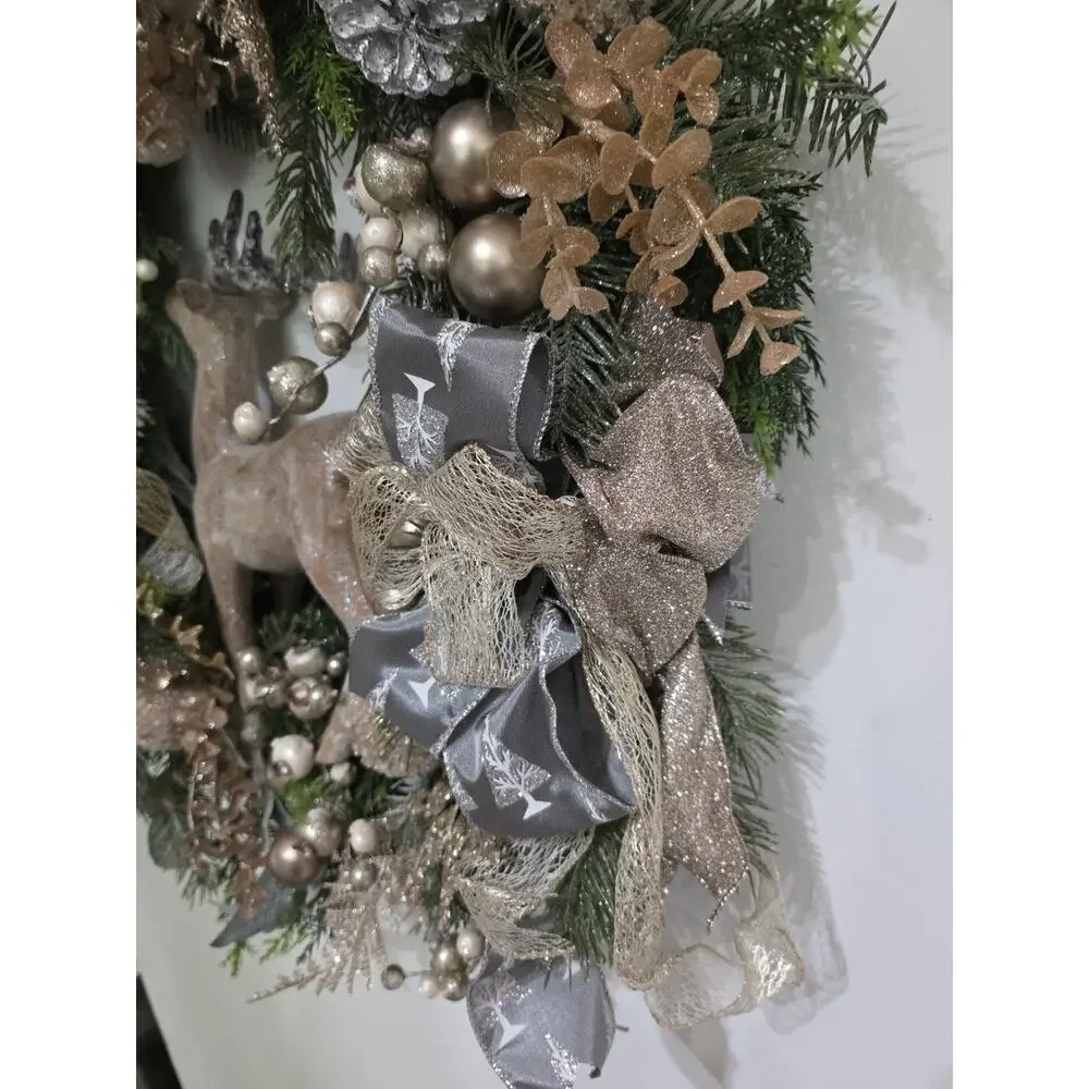 Handmade Christmas Wreath Deer Stag Gold Silver Berries Balls Ribbon 25